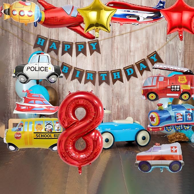 12pcs Transportation Balloons, Truck Plane School Bus Fire Truck Police Car Ship Ambulance Submarine Foil Balloon, Transportation 8th Birthday Vehicles Theme Party Supplies Decorations (8th)