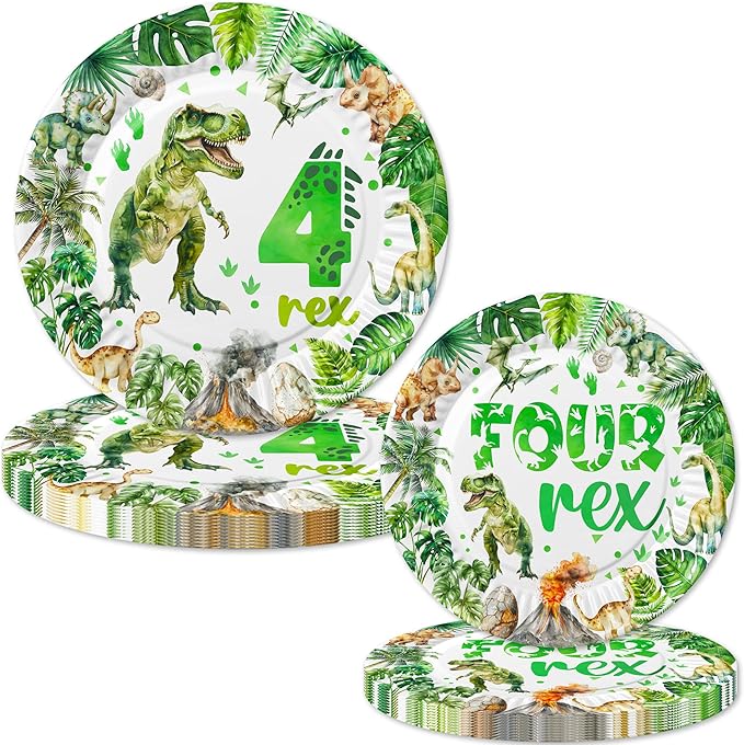 80 Pcs Watercolor Dinosaur 4th Birthday Party Supplies Roar I'm Four Birthday Tableware Includes Plates, Forks, Napkins for Boys 4 Rex Dinosaur Four Year Old Birthday Party Decorations Favors
