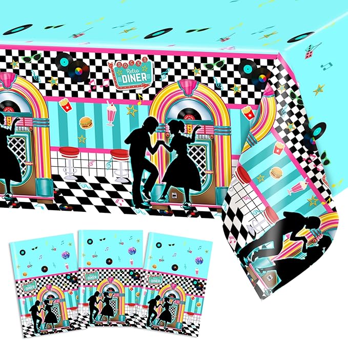 Avezano 3 pcs 50s Tablecloth 1950s Party Decorations Rock Roll Table Cover Large Plastic Tablecloth Birthday Rocking Party Supplies for Music Anniversary Party, 108x54 Inch