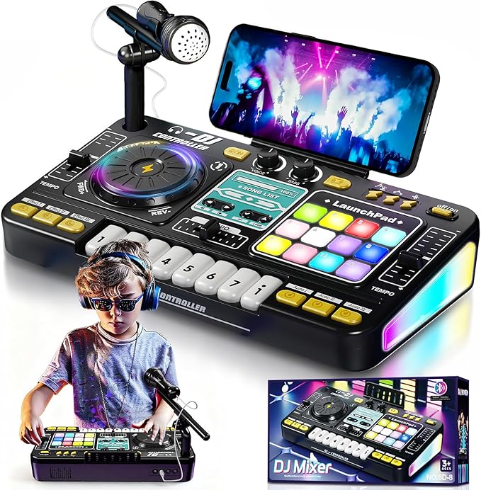 Kids DJ Mixer Board Controller Toy Set with Turntable, Piano Keys, Microphone & Bluetooth - Musical Instrument Toy for Toddlers, Babies & 3-8 Year Old Boys & Girls - Birthday (Black)