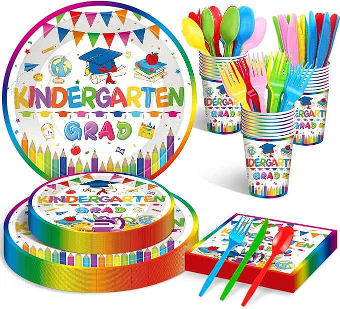 175 Pcs Kindergarten Graduation Tableware Set Party Supplies - Serves 25, Colorful Kindergarten Grad Disposable Plates, Cups, Napkins, Forks, Spoons, Knives for Kids School Graduation Decorations