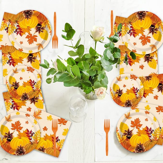 gisgfim 96 Pcs Thanksgiving Fall Plates and Napkins Party Supplies Autumn Leaves Tableware Set Thanksgiving Pumpkin Maple Party Decorations Favors for Fall Theme Birthday Serves 24