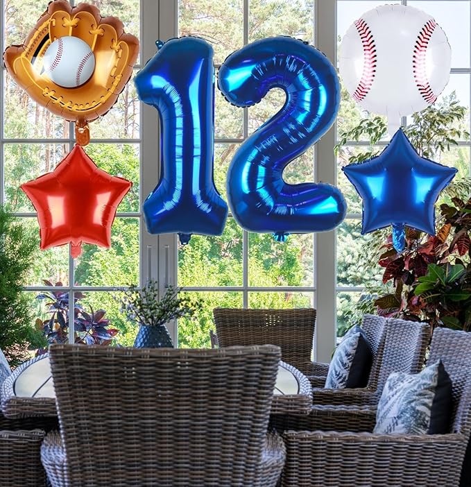 Baseball Balloons 12th Birthday Decorations for Boys | Baseball Birthday Decoration Sports Theme Party Supplies, 32Inch Foil Mylar Number 12 Balloon Navy Blue Red White Sports Balloon Arch Kits