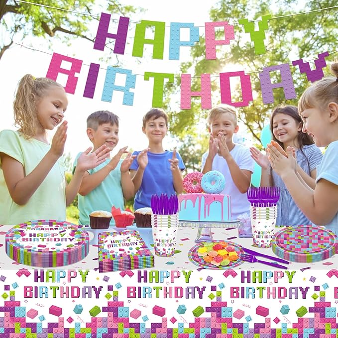 98PCS Building Blocks Birthday Party Supplies Building Blocks Party Decoration Boys Girls Colorful Building Blocks Theme Paper Plates and Napkins Tableware Set Tablecloth Banner Serve 16