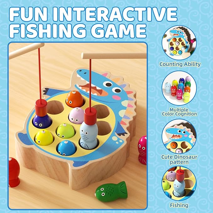 Magnetic Wooden Fishing Toy for Toddlers 2-4, Crocodile Montessori Toys for 2 3 4 Year Old, Fine Motor Skills Early Educational Learning Toy for Kids Boys Girls (Dinosaur)
