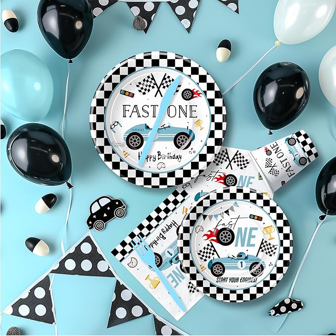 Race Car 1st Birthday Party Supplies - Fast One Plates And Napkins Decorations Boys Tableware, Plate, Cup, Napkin, Fork, Blue Race Car One-Year-Old Decorations | Serve 24