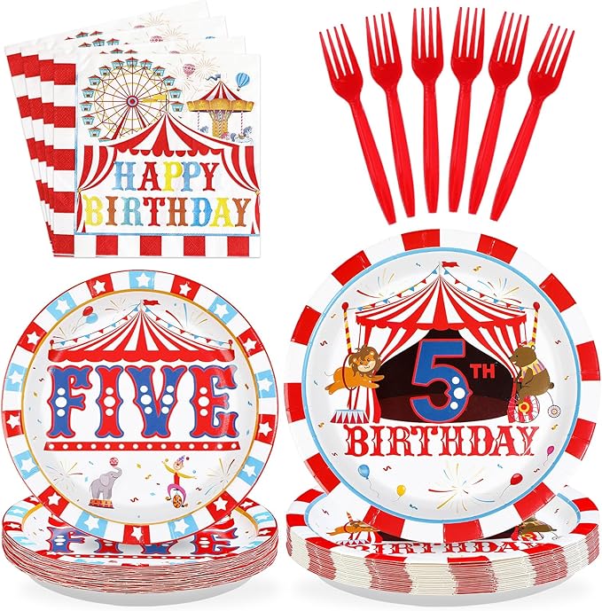 96Pcs Carnival 5th Birthday Party Decorations Christmas Carnival Circus Fifth Birthday Plates and Napkins Tableware Sets Circus Theme Decorations for Kids Baby Shower Five Years Old Supplies Serves 24