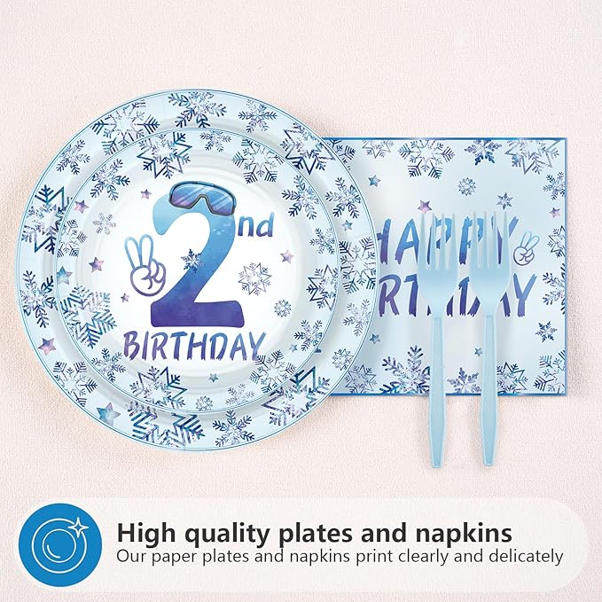 96Pcs Winter 2nd Birthday Decorations Two Cool Plates and Napkins Snowflake Ski Theme Birthday Decoration Favors for Kids Boy Winter Wonderland Frozen Theme Two Years Old Bday Party Supplies Serves 24
