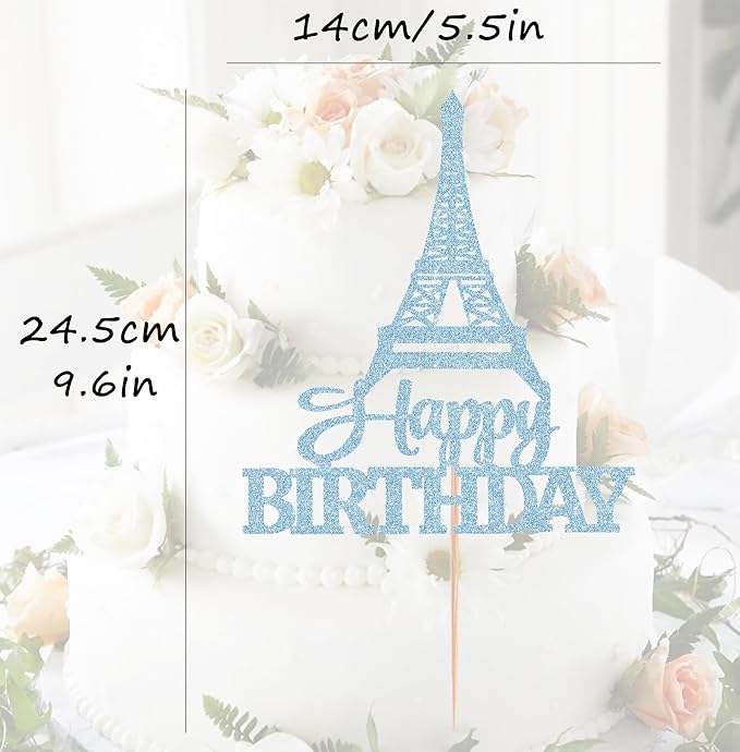 Eiffel Rower Birthday Cake Topper - Light Blue Glitter Eiffel Rower Theme Birthday Party Cake Decoration Supply - Boy or Girl Architecture Theme Party Cake Decor Photo Prop