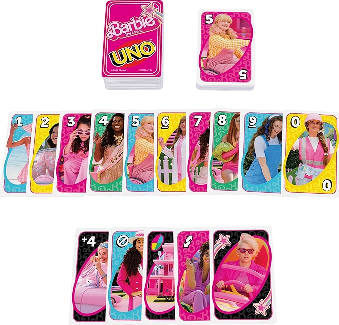Mattel Games UNO Barbie The Movie Card Game for Kids & Adults Featuring Characters Graphics & Special Rule, 2 to 10 Players