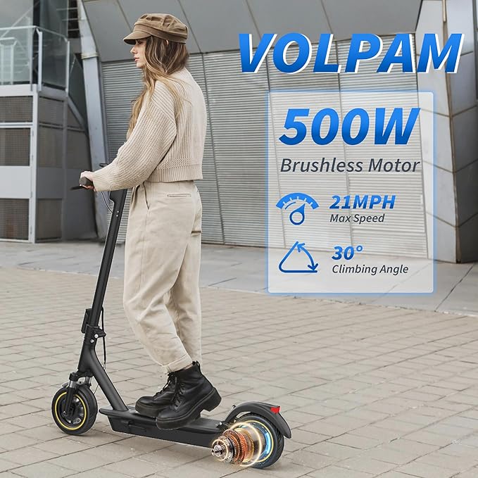 VOLPAM Electric Scooter, 350W/500W Powerful Motor, 8.5"/10" Solid Tires, 19/21Mph, 28/23/21/16 Miles Max Range, Dual Braking