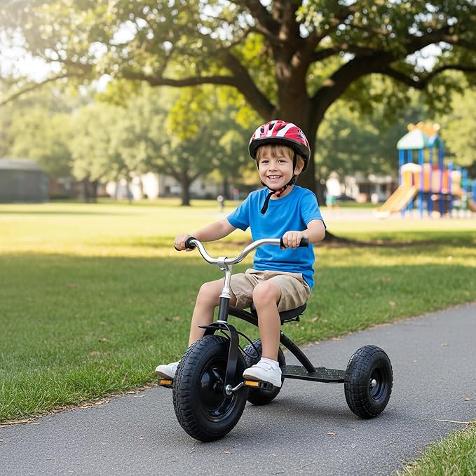 Gener8 Deluxe Tricycle for Kids Durable Steel Frame Inflatable Rubber Tires Adjustable Seat Perfect for Toddlers Ages 3-7 Black Promotes Balance Coordination & Independence