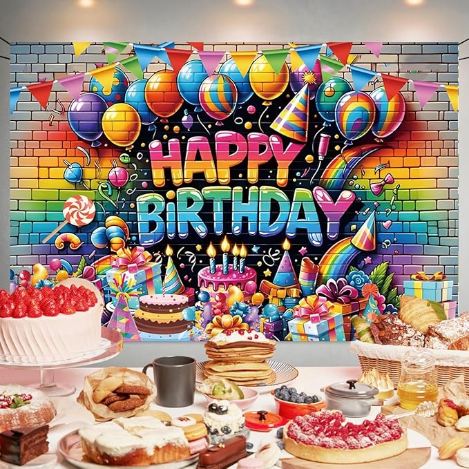 Graffiti Brick Wall Happy Birthday Backdrop Decorations Colorful Balloons Cake Gift Boxs Banner Photo Background for Home Indoor Outdoor Birthday Party Decorations Supplies for Kids 70.8 x 47.2 Inch