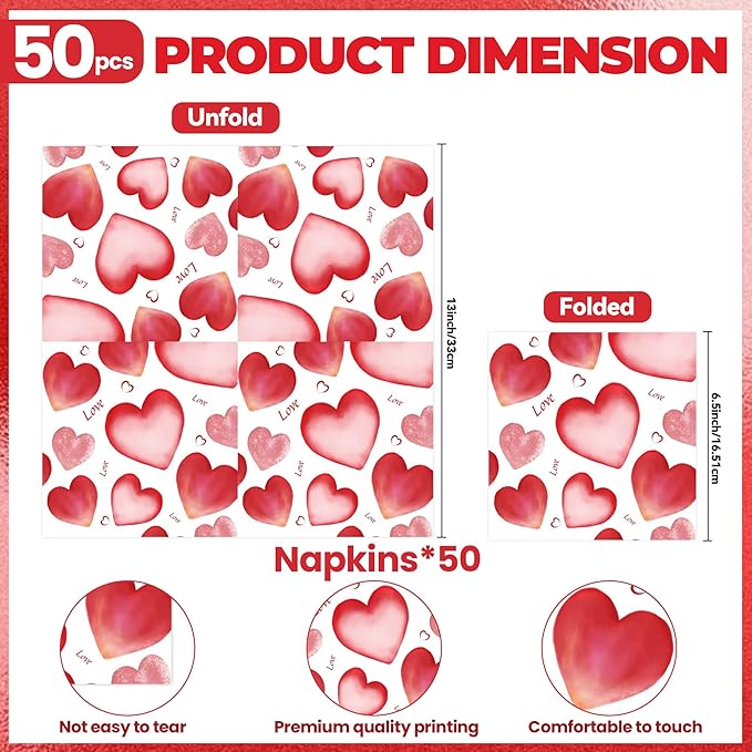 50PCS Valentines Day Paper Napkins - 13 X 13 Inch 2-Ply Disposable Paper Napkins with Pink Heart Design for Valentine's Parties, Weddings, Anniversaries Party Decoration