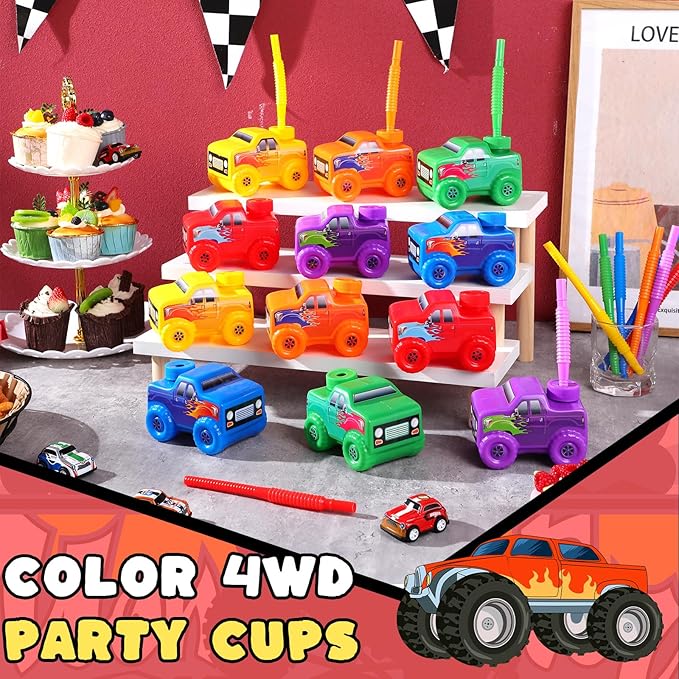 Tanlade 12 Set Monster Truck Road Cups with Straws, Plastic Vehicle off Road Drink Cup Reusable Truck Cups Bulk Race Car Birthday Party Favor Supplies for Racing Party Supplies (Classic Color)
