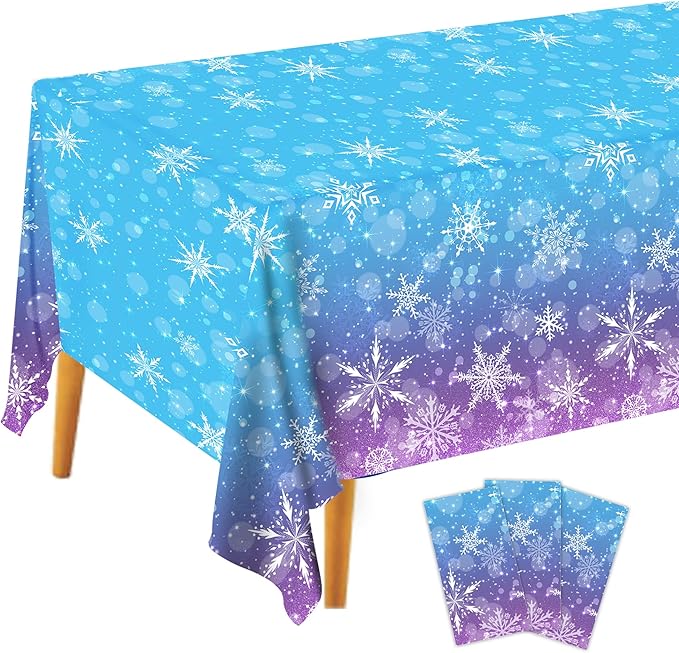 3 Winter Snowflake Plastic Tablecloth Decorations, Holographic Blue and Purple Snowflake Winter Wonderland Disposable Table Cover for Winter Holiday Birthday Decorations, 54x108 Inch