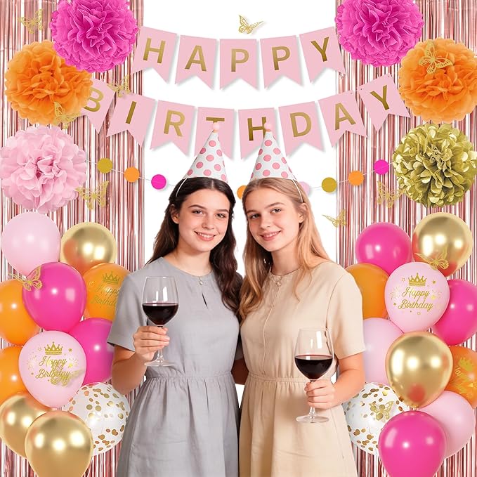 Hot Pink Orange Birthday Decorations for Women Girls, Peach Burnt Gold Metallic Confetti Printed Balloons Butterfly Stickers Fringe Curtain Happy Birthday Banner Circle Dot Paper Pompom Party Supplies