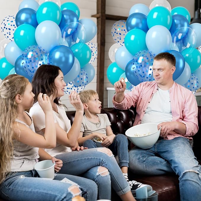 Teal Blue Balloons, 50PCS 12 Inches Turquoise Blue Pearl Latex Balloons With Metallic Confetti Balloon for Ocean Shark Sea Birthday Theme Party Decorations