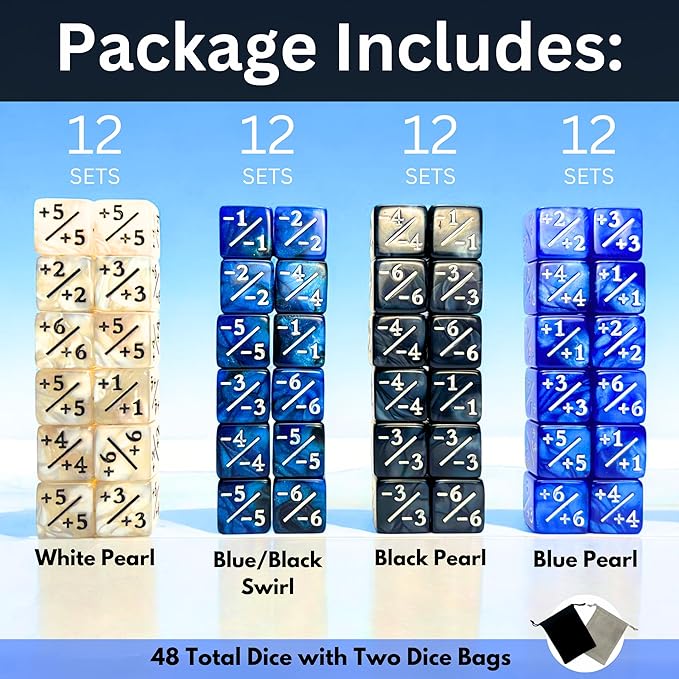 Luck Lab MTG Magic Life Counter Dice, 48 PCS - Compatible w/Magic Card Game Accessories, CCG Creature Stats w/ 2 Dice Bags (Blue Pearl, Blue Swirl, White Pearl, Black Pearl)