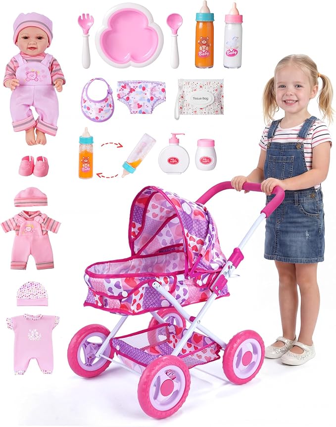 BABESIDE Baby Doll Stroller Set with 12 Inch Baby Doll, 14 Pcs Baby Doll Accessories, Folding Doll Pram Pretend Play Set, Feeding, Bath & Care Toys, Gift for Girls Ages 3yrs+