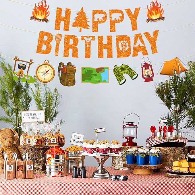 Pre-Strung Camping Party Decorations, NO DIY Glitter Happy Birthday Banner Camping Themed Baby Shower Supplies