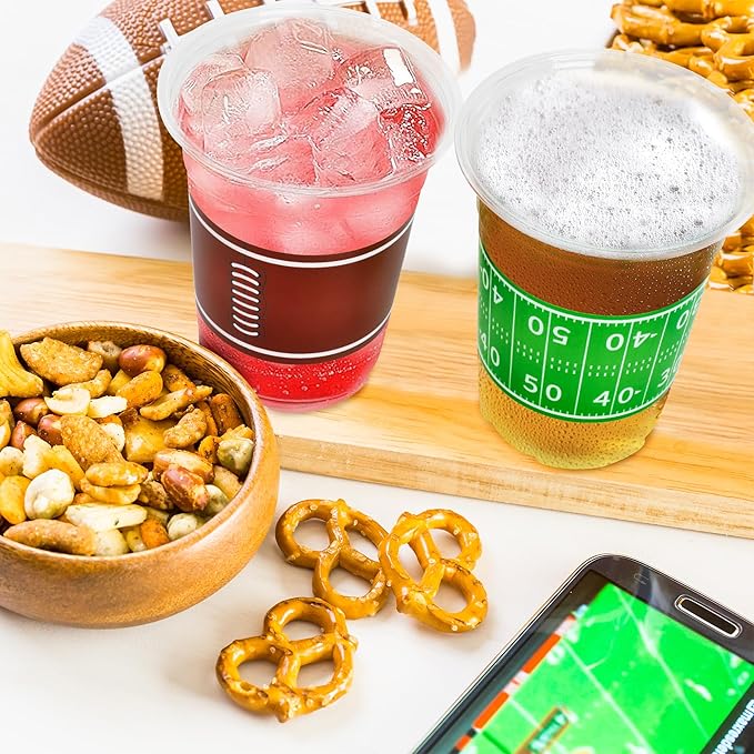 50 PCS Football Cups, 16 OZ Football Party Cups, Thickened Football Plastic Cups, Disposable Clear Drinking Cups in 2 Designs for Football Party Supplies Football Party Decorations Touchdown Favors