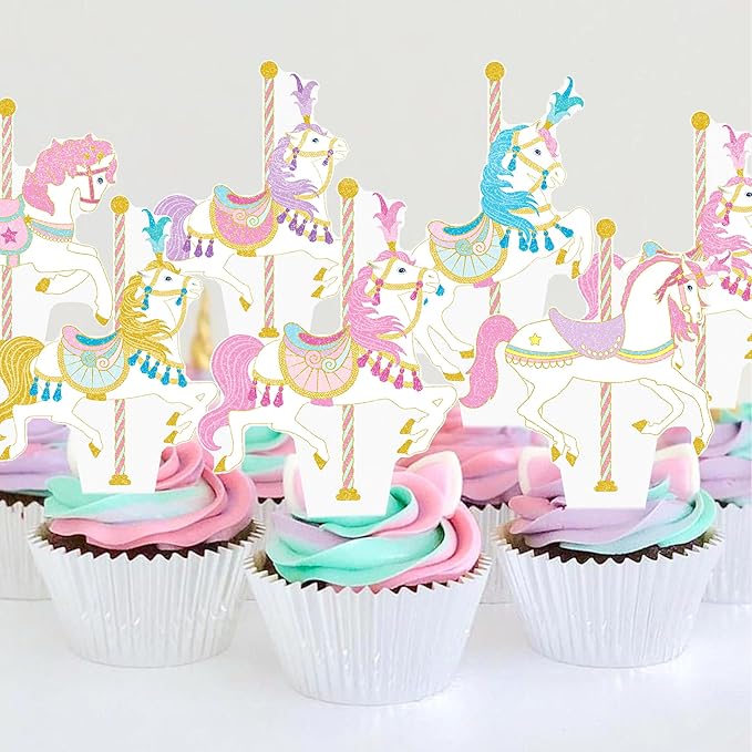 Carousel Horse Cupcake Toppers 48Pcs Carousel Horse Party Cake Decorations Carnival Carousel Horse Cupcake Picks Horse Birthday Party Supplies for Amusement Park Themed Baby Shower Decor
