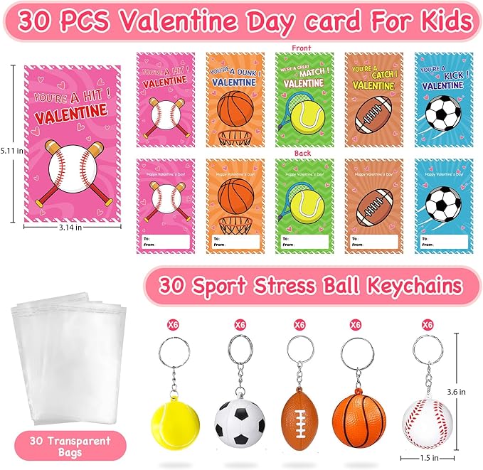 30 Pack Sports Valentines Cards Gifts for Kids School Classroom Squeeze Foam Balls Keychain Stress Relief Valentine Exchange Gift Prizes Class Game Valentine Party Favors for Kids Girls Boys