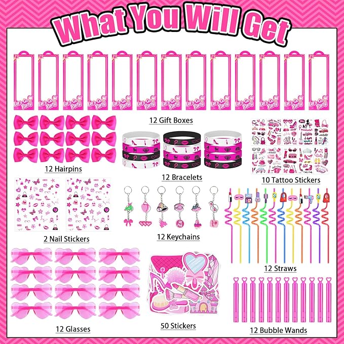 146Pcs Pink Party Favors for Girls, Hot Pink Princess Birthday Party Goodie Bag Stuffer Filler for Kids Girls Birthday Party Decoration Supplies