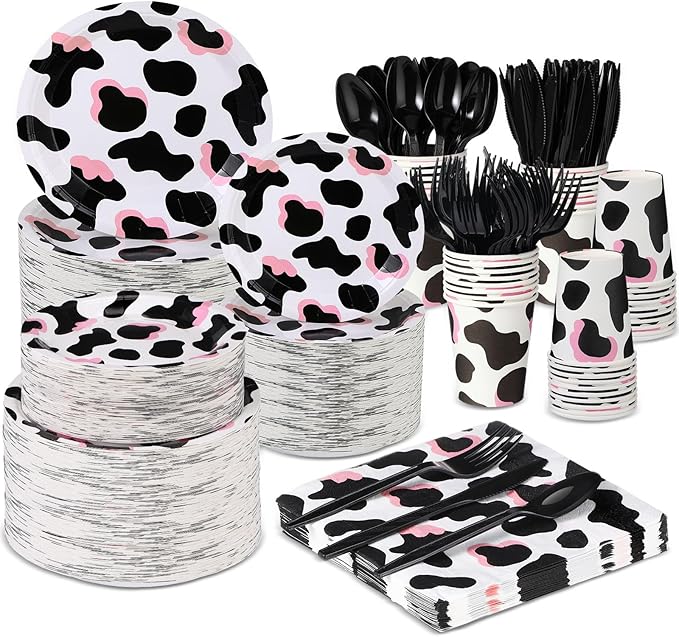 Domensi 350 Pcs Pink Cowgirl Party Supplies Cow Party Tableware Set Serve 50 Cow Print Plates Napkins Cups Cow Theme Party Decoration for Cowgirl Cowboy Farm Animal Cow Theme Birthday Baby Shower
