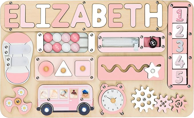 Wooden Busy Board Montessori Toys for 1 2 3 Year Old, Personalized Toy, Sensory Board Educational Activities, Early Learning Fidget Toy Great for Gift (Pastel Girl)