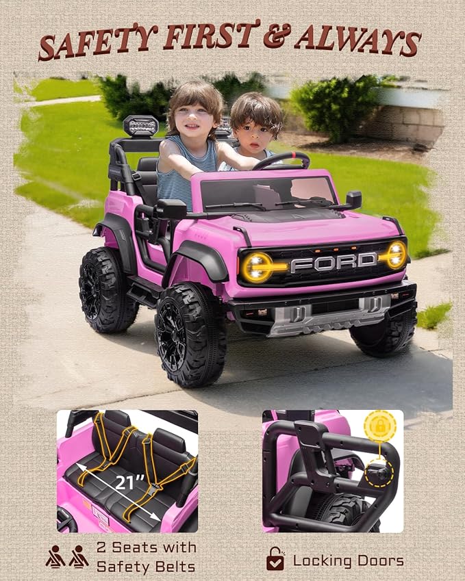 First Ride On 24V Ride on Toys for Big Kids, Licensed Ford Bronco Raptor 2 Seater Ride on Cars with Remote Control, Ride on Truck w/ 4-Wheeler Suspension, 3 Speeds, Led Lights, Bluetooth (24V, Pink) | First Ride On, 24V, for Big Kids, 2 Seater, with Re...