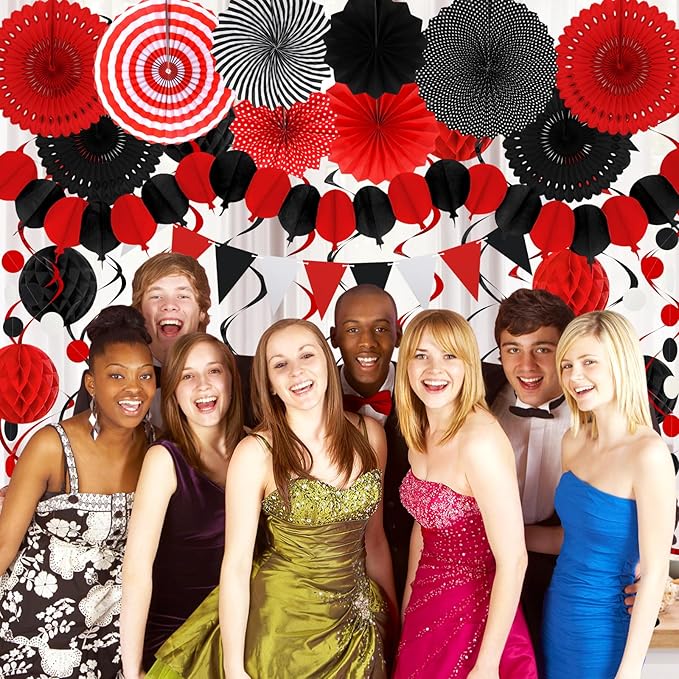 Black Red Party Decorations, Easy Assembly Paper Fan Honeycomb Ball Garland Hanging Swirl Graduation Party Supplies for Boy Girl Women Birthday Congrats Grad Party Decorations