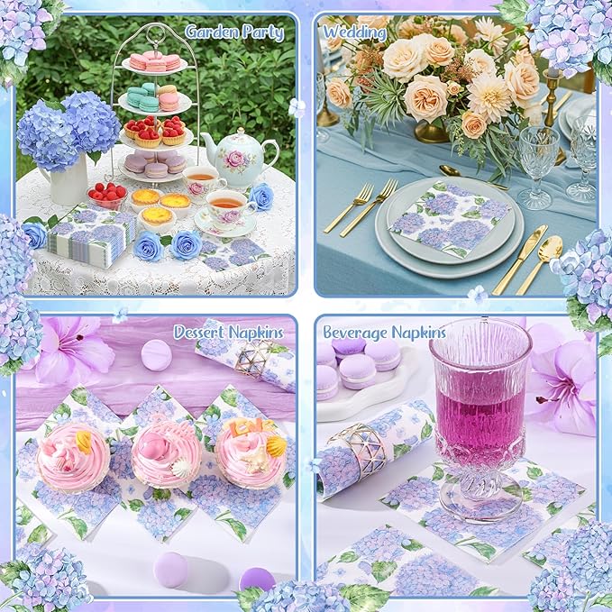 100 Pcs Hydrangea Napkins, Floral Cocktail Napkins Blue and Light Purple Hydrangea Flower Napkin Beverage Dessert Napkin for Bridal Baby Shower, Tea Party, Birthday