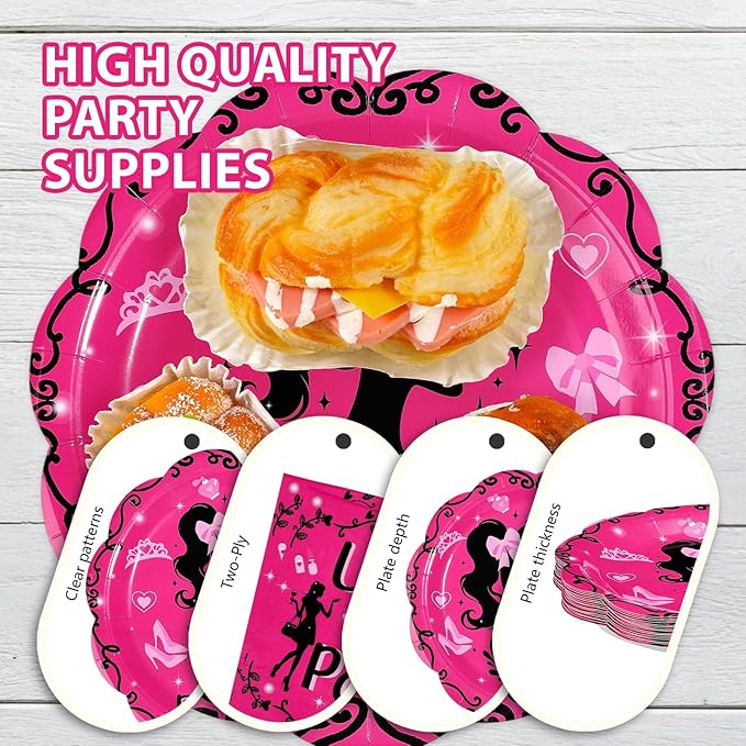 168Pcs Hot Pink Birthday Party Supplies Set Black Fashion Girl Plates and Napkins Cute Princess Decorations Tableware Set for Birthday Disco Party Supplies，Serves 24