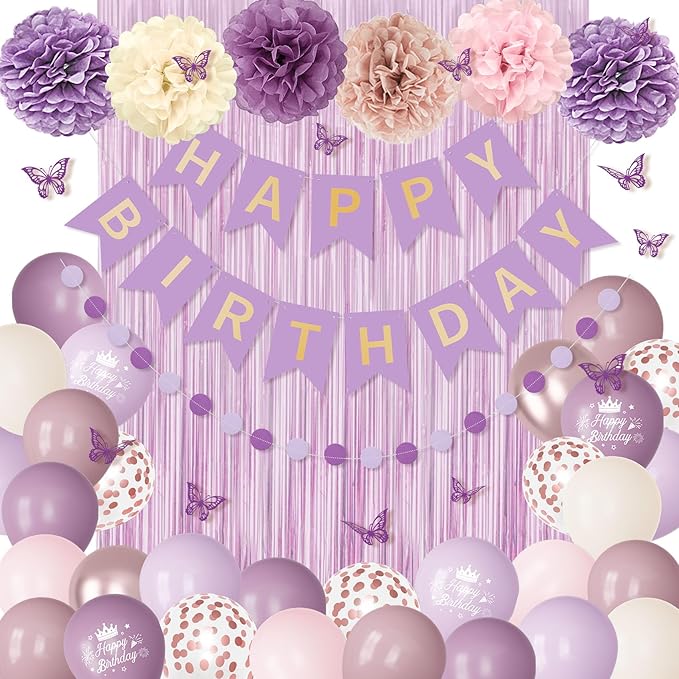 Dusty Purple Birthday Decorations for Women Girls, Lavender Pink Sand Rose Gold Metallic Printed Balloons Butterfly Stickers Fringe Curtain Happy Birthday Banner Circle Dot Paper Pompom Party Supplies