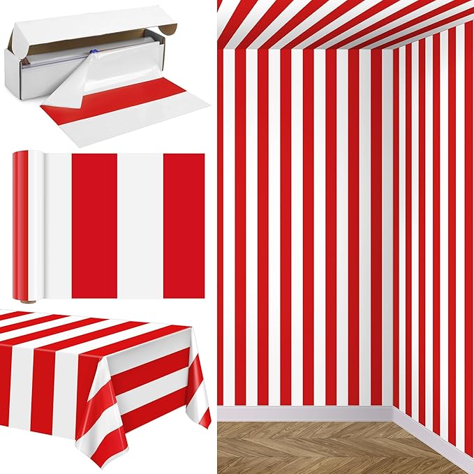 Kochorie 100 Ft x 54 Inch Red & White Striped Tablecloth Roll with Cutter Box Disposable Carnival Circus Tablecloth Cut to Size Table Cover Backdrop for Carnival Party Table Stage Supplies
