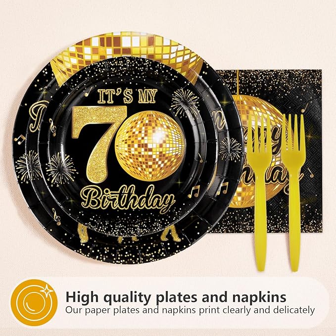 96Pcs Happy 70th Birthday Party Supplies Dancing Queen Young and Sweet Only 70 Plates and Napkins Disco Black Gold Tableware Set for Queen Women Cheers to 70 Years Party Supplies, Serves 24