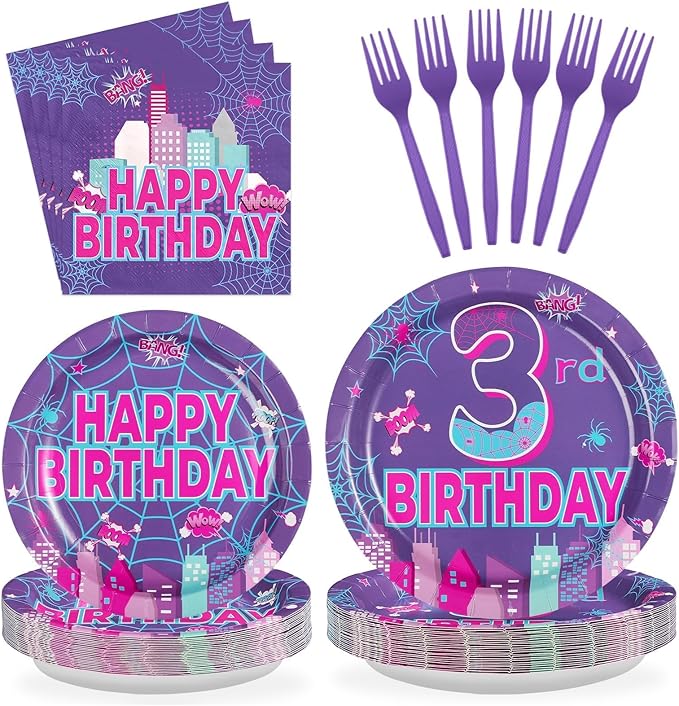 Purple Spider 3rd Birthday Party Decorations Purple Spider Themed Plates and Napkins Cartoon 3rd Decorations for 3 Years Old Boys Girls Kids Birthday Party Supplies