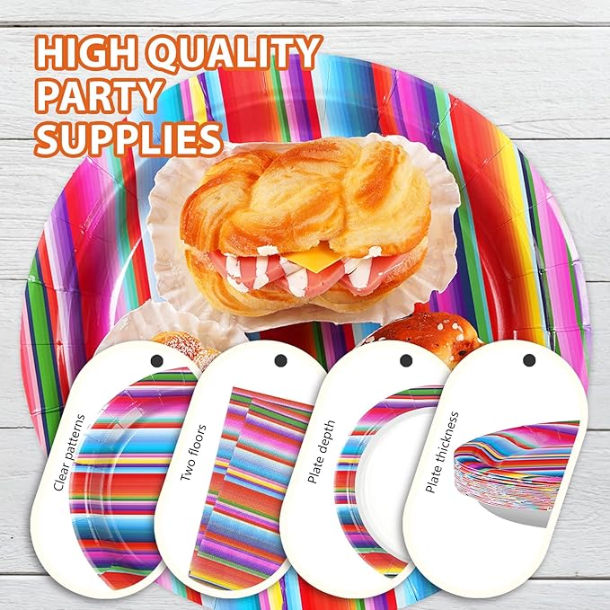 96 Pcs Mexican Fiesta Party Supplies Colorful Stripes Mexican Plates and Napkins Disposable Fiesta Tableware Set for Cinco De Mayo Dance Pinata Taco Carnival Mexican Theme Party Decorations Serves 24