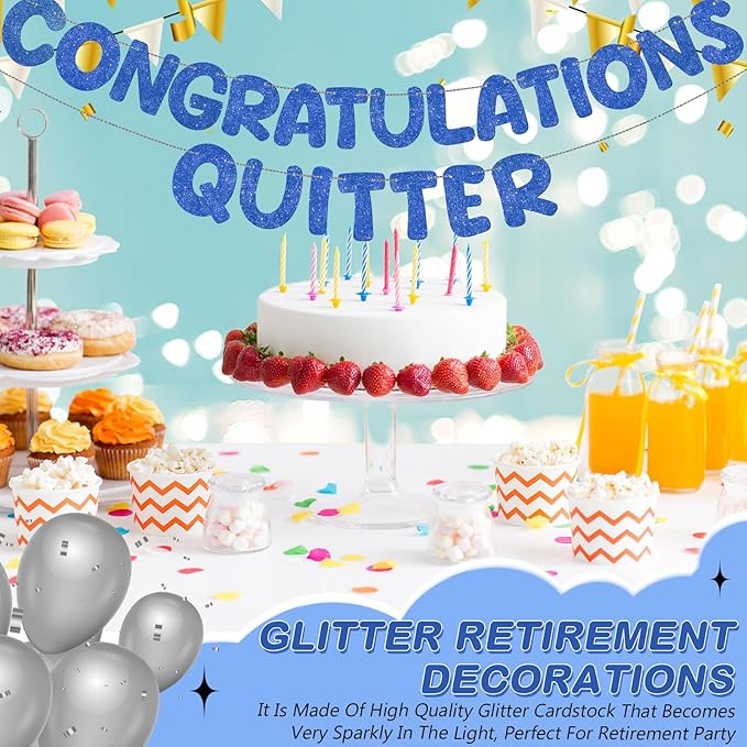 Fulmoon Pre Strung Congratulations Quitter Glitter Banner Funny Retirement Banner Graduation Party Decorations Going Away Supplies Garland for Men Women Gifts, No DIY(Navy Blue)