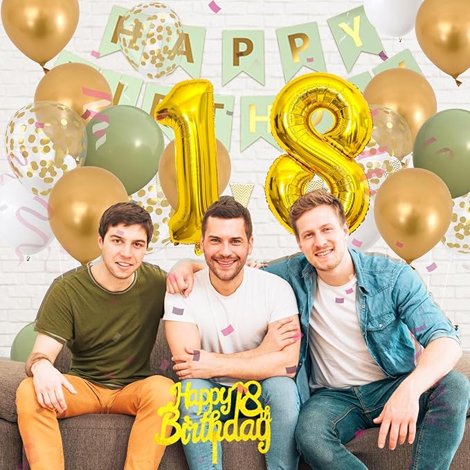 18th Birthday Decorations For Boys Girls, Sage Green Happy Birthday Party Decoration With Number 18 Balloons Gold Confetti Balloons Fringe Curtain Banner Cake Topper For 18th Party Supplies