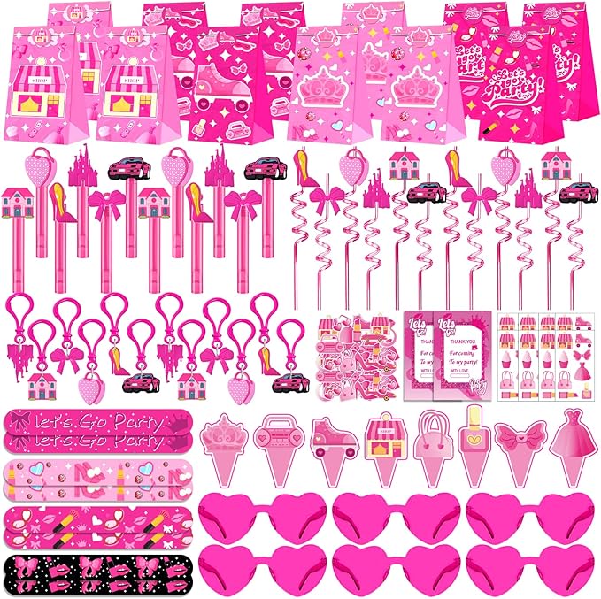 220PCS Pink Party Favors Kit for Girls – Birthday Supplies Includes Glasses, Straws, Bubble Wands, Treat Bags & More – Perfect for Party Decorations & Pinata Fillers