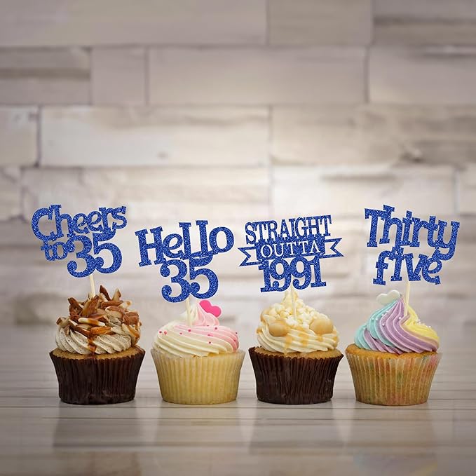 Ephlyn 24Pcs Happy 35th Birthday Cupcake Toppers Blue Thirty Five Cupcake Picks Hello 35 Cheers to 35 Years Birthday Cake Decorations for 35th Birthday Anniversary Party Decor Supplies
