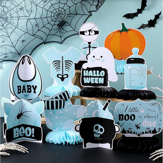 12 Pcs Blue Halloween Baby Shower Decorations a Little Boo Is Almost Due Honeycomb Centerpieces Bat Ghost Skull Halloween Baby Shower Table Decoration Table Topper for Party Favors