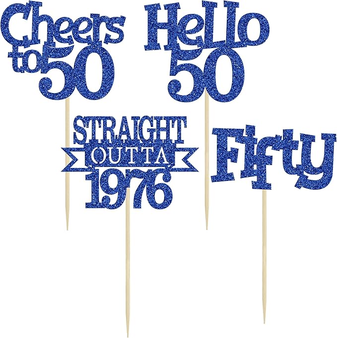 Ephlyn 24Pcs Happy 50th Birthday Cupcake Toppers Glitter Straight Outta 1976 Cupcake Picks Hello 50 Cheers to 50 Years Birthday Cake Decorations for 50th Birthday Anniversary Party Supplies Blue