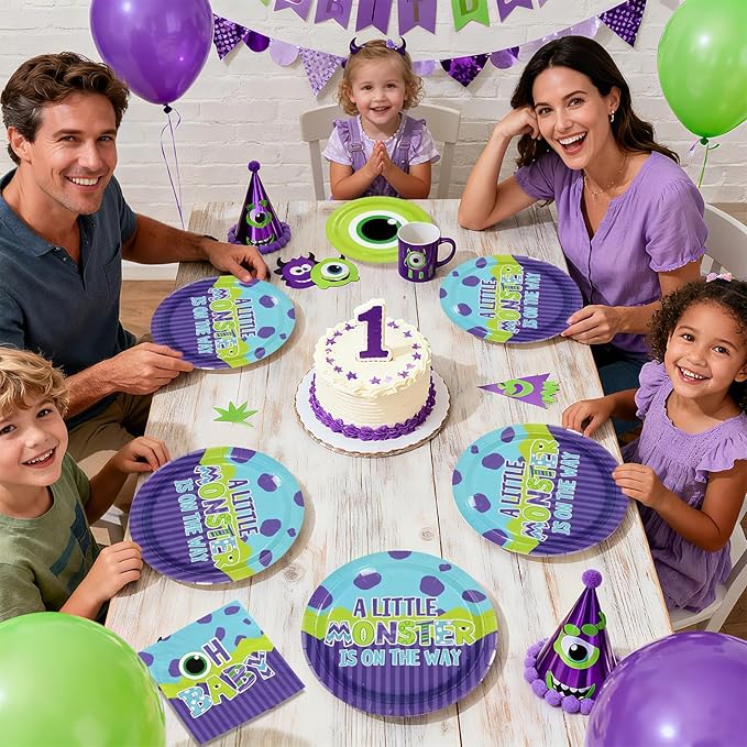 96Pcs Monster Baby Shower Party Supplies Monster Theme Party Plates and Napkins Disposable Green and Purple Cartoon Tableware Set for Kids Birthday Baby Shower Decorations Serves 24