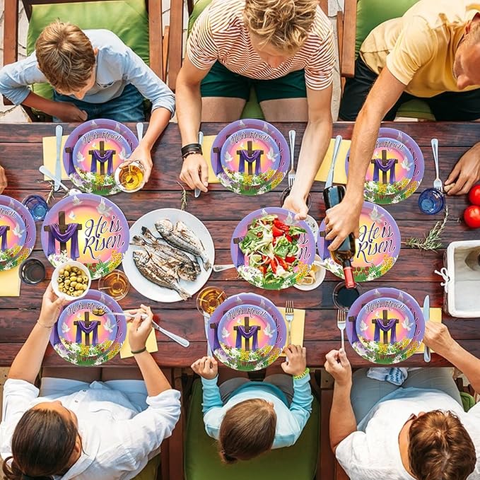 180Pcs Easter He is Risen Paper Plates and Napkins Set,Disposable Jesus Cross Lily Floral Easter Party Decorations for Religion Christ Party,Serve 60 Guests