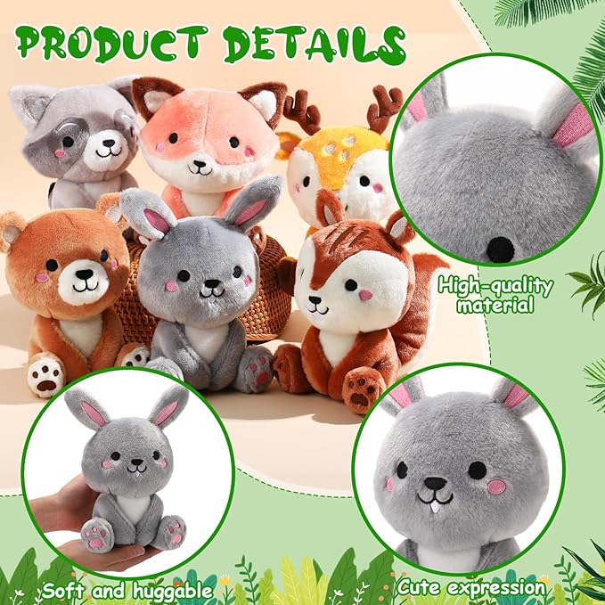 6 Pcs Woodland Animals Toys 7 Inch Bear Rabbit Squirrel Deer Raccoon Fox Large Stuffed Animals Bulk for Woodland Baby Showers Party Decor Birthday Gifts Classroom Teacher Student Awards