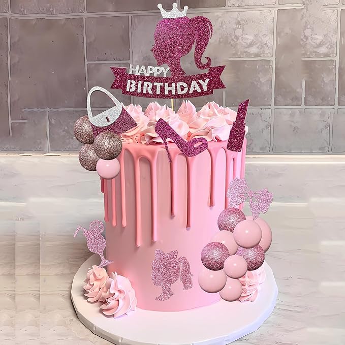Hot Pink Girl Princess Cake Decorations - Glitter Happy Birthday Cake Topper with 20 Balls for Cake Decorating & 12 Girls Cupcake Toppers, Perfect Birthday Baby Shower Party Supplies for Barbie Fans